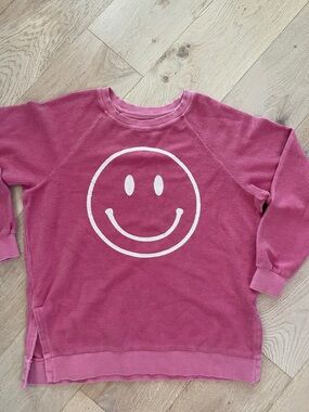 Altar'd State Pink Smiley Face Ribbed Sweatshirt